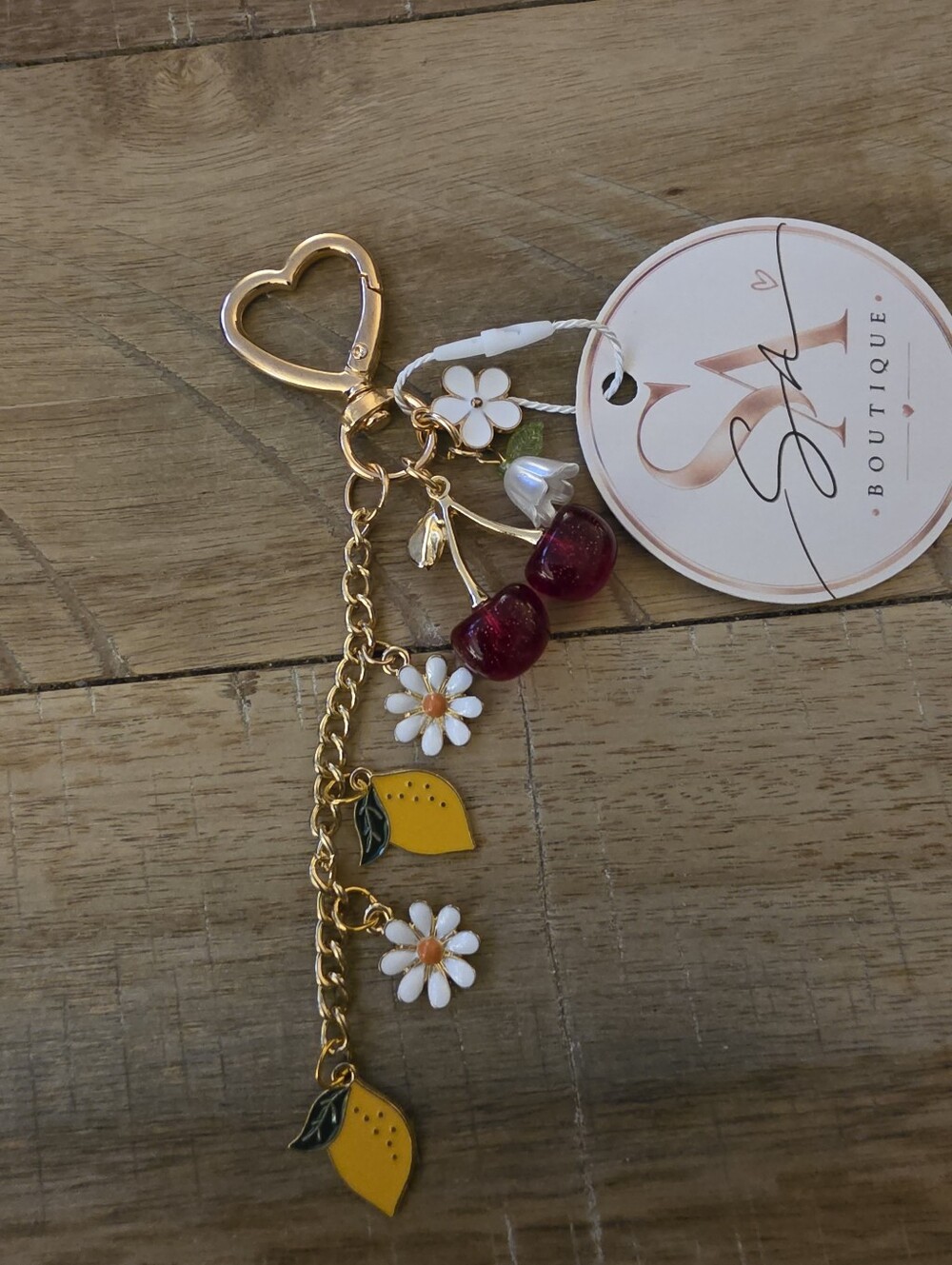 Heart Clip Gold-tone Bag Charm Keychain with Red Cherry